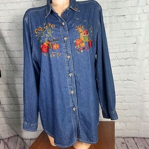 VINTAGE Bobbie Brooks Embroidered Denim Shirt Fall Themed w/ Roosters & pumpkins